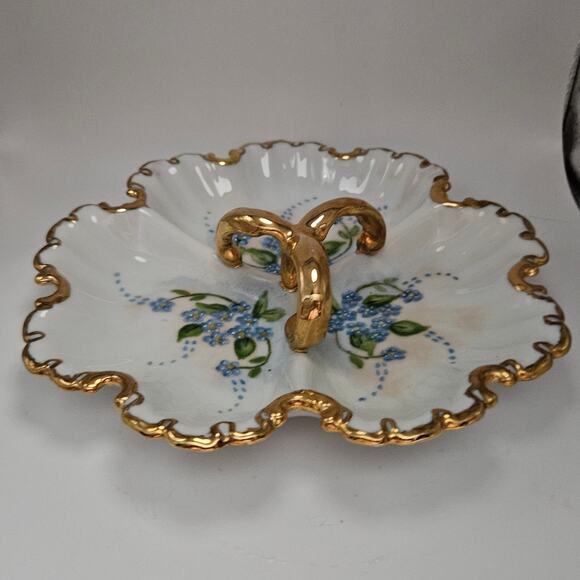 Vintage 1971 Hand Painted Porcelain Divided Dish Blue Flowers Gold Trim Signed - Picture 3 of 5